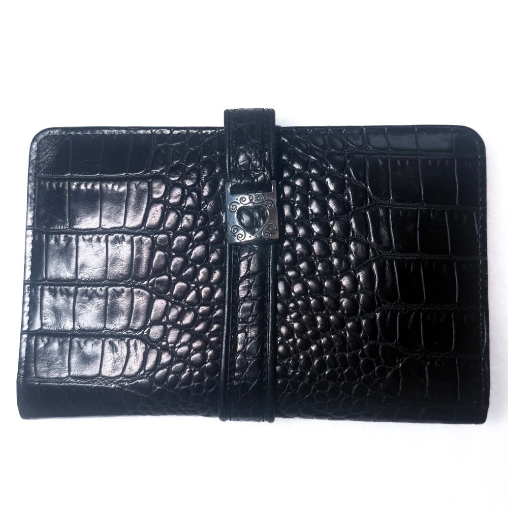 Brighton Black Croc Embossed Leather Slim Wallet Silver Western Accents EUC